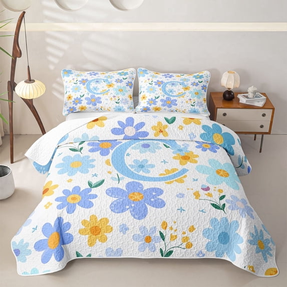 Meiyoeat Soft Daisy Letter C Quilt Full for Girls,Floral Initial Full Bedspread Sets,Light Blue Yellow White
