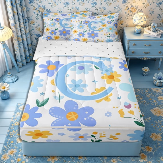 Meiyoeat Soft Daisy Letter C Zipper Full Size Comforter Sets with Fitted Sheet and 2 Pillowcases for Girls Toddlers, Floral Initial Zipper Bedding Set for Daily, Light Blue Yellow White,4pcs