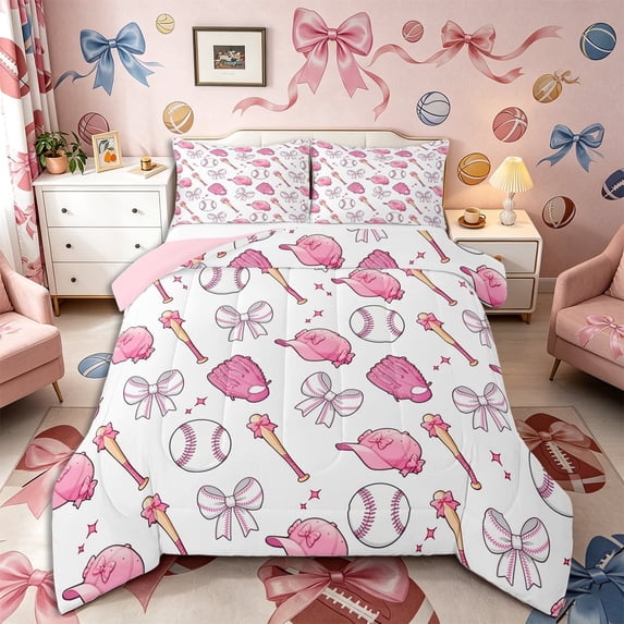 Meiyoeat Sport Baseball Queen Comforter Set 3 Pieces, Cartoon Bow Print Comforter Sets Queen, Pink White,Pink Reversible