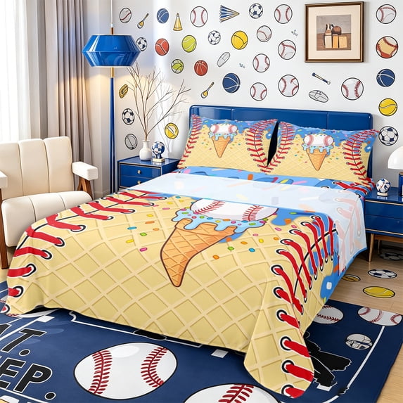 Meiyoeat Sport Baseball Queen Sheets 4 Pieces,Ice Cream Drip Queen Sheet Sets,Blue Red Yellow,1 Fitted Sheet,1 Flat Sheet and 2 Pillowcases