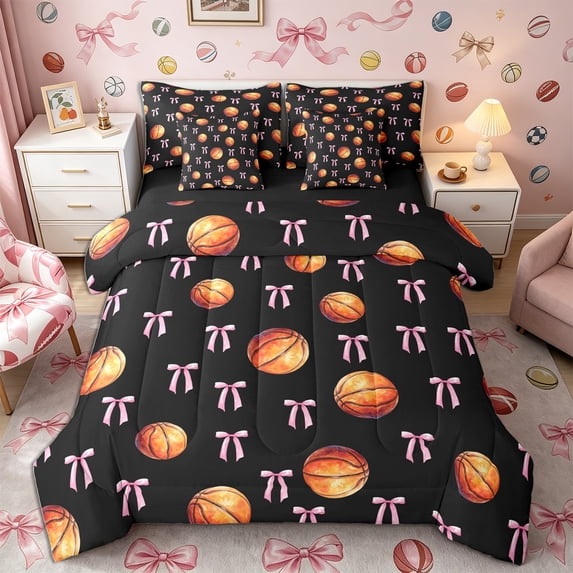 Meiyoeat Sport Basketball Full Size Bedding Sets 7 Pieces,Ribbon Bow Print Full Size Bed In A Bag,Black Pink Orange
