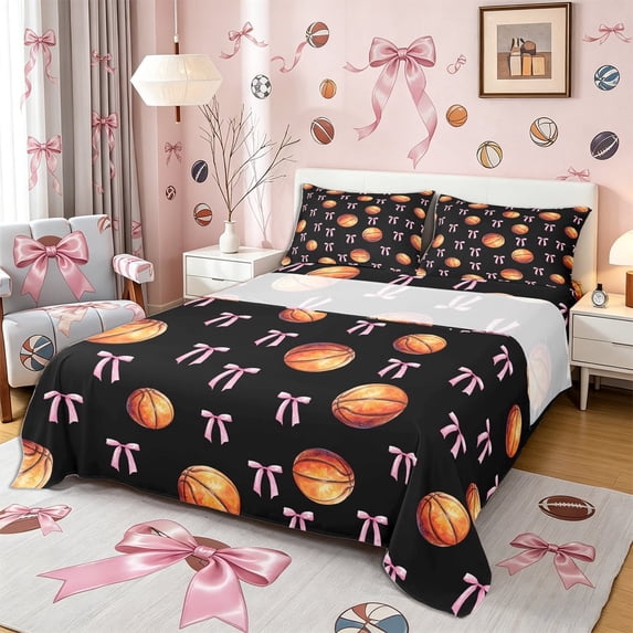 Meiyoeat Sport Basketball Queen Sheets 4 Pieces, Ribbon Bow Print Queen Sheet Sets, Black Pink Orange