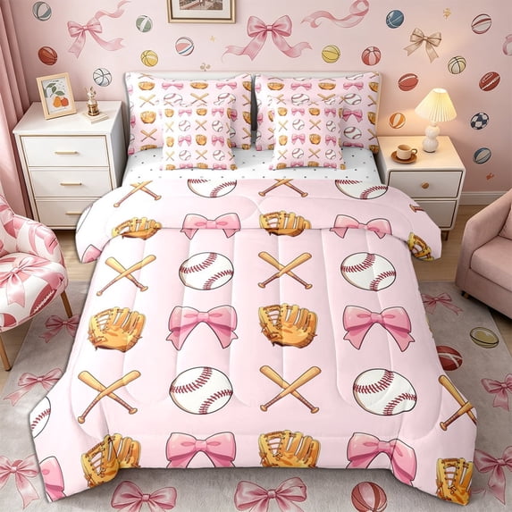 Meiyoeat Sport Glove Baseball King Bedding 7pcs for Girls, Pink Bow King Bed in a Bag