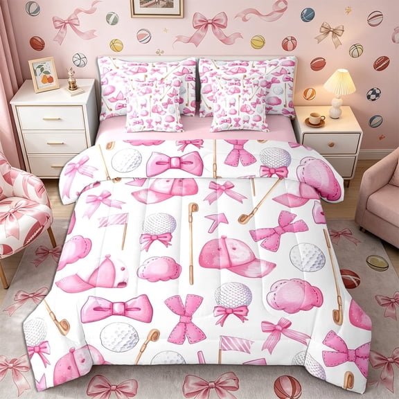 Meiyoeat Sport Golf Twin Bedding 7-Piece, Kawaii Bow Bedding Comforter Set,Pink Reversible