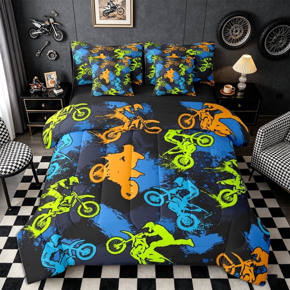Meiyoeat Sport Motorcycle Full Size Bedding Sets 7 Pieces for Boys, Graffiti Splash Print Full Size Bed in a Bag, Blue Green Orange Black,Black Reversible
