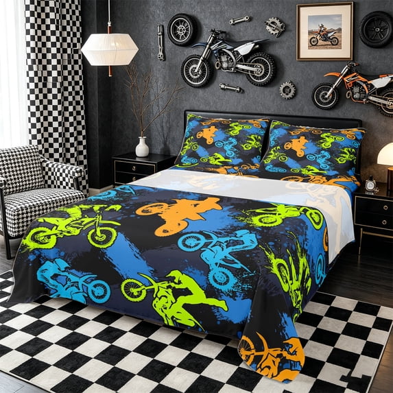 Meiyoeat Sport Motorcycle King Sheets 4Pcs,Graffiti Splash Print Bedding,Blue Green Orange Black,1 Flat Sheet,1 Fitted Sheet and 2 Pillowcases