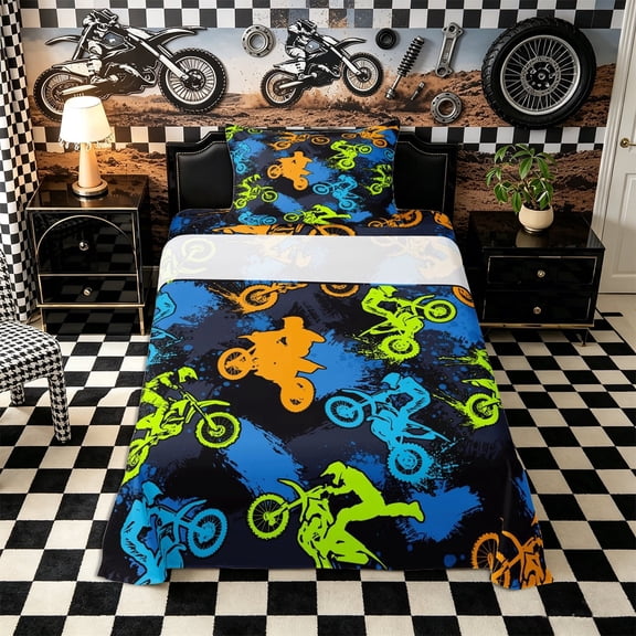 Meiyoeat Sport Motorcycle Twin Sheets 3pcs, Graffiti Splash Print Bedding, Blue Green Orange Black
