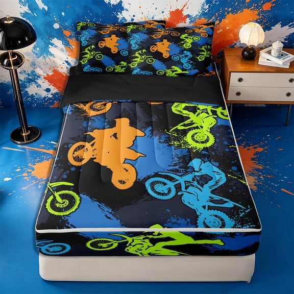 Meiyoeat Sport Motorcycle Zipper Queen Comforter Set With Fitted Sheet and 2 Pillowcases,Blue Green Orange Black