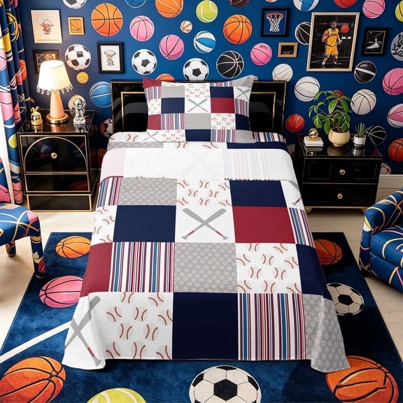 Meiyoeat Sporty Baseball Print Twin Sheets 3pcs, Patchwork Stripe Pattern Bedding, Red Blue Gray