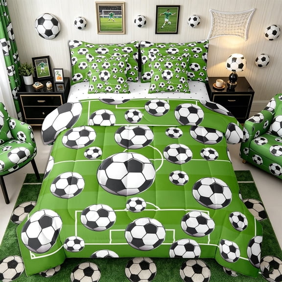 Meiyoeat Sporty Soccer Ball Pattern Twin Bedding 7-Piece for Teens, Playful Football Field Print Bedding Comforter Set for Bedroom, Green Black White