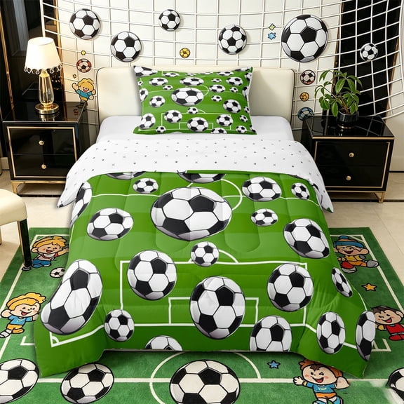 Meiyoeat Sporty Soccer Ball Pattern Twin Comforter Sets 2pcs for Teens, Playful Football Field Print Bedding Set for Bedroom Green Black White
