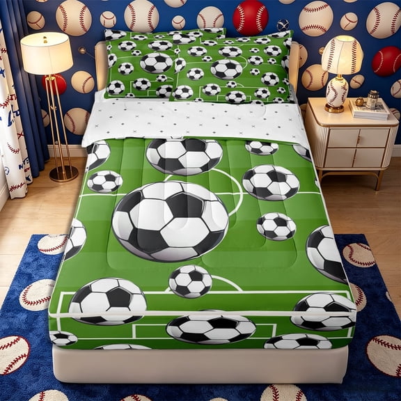 Meiyoeat Sporty Soccer Ball Pattern Zipper Twin Comforter Sets with Fitted Sheet and 2 Pillowcases for Teens, Playful Football Field Print Zipper Bedding Set for Bedroom,4-Piece