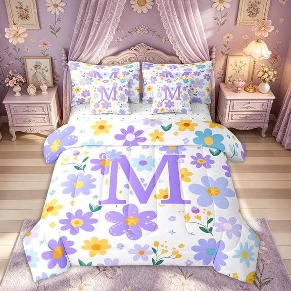 Meiyoeat Spring Daisy Floral Bedding Comforter Set for Women Girls, Cute Initial M Letter Full Bedding Set, Lavender Purple, Reversible, 7-Piece