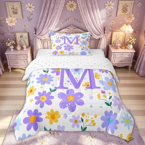 Meiyoeat Spring Daisy Floral Twin Comforter Sets for Women Girls, Cute Initial M Letter Bedding Set, Lavender Purple, Reversible, 2-Piece