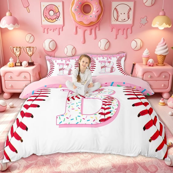 Meiyoeat Sprinkle Baseball B Letter Duvet Cover Set for Boys Girls, Pink Donut Ice Cream Drip Bedding Full, Pink Reversible, 1 Duvet Cover and 2 Pillowcases (No Comforter)