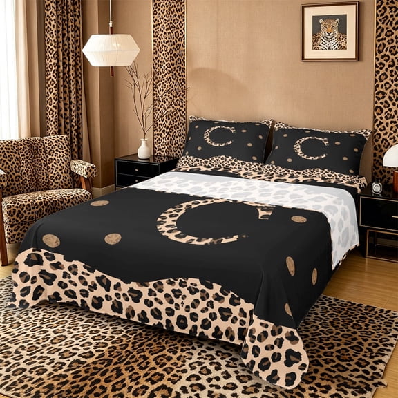 Meiyoeat Stylish Leopard Letter C Queen Sheet Sets 4 Pieces for Women Adults, Modern Polka Dot Bed Set, Black Beige Brown