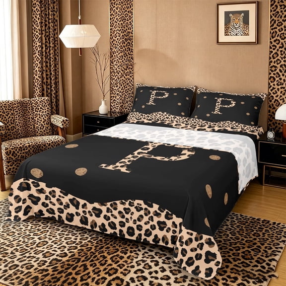 Meiyoeat Stylish Leopard Letter P Bed Sheets 4pcs for Women Adults, Modern Polka Dot King Sheets, Black Beige Brown