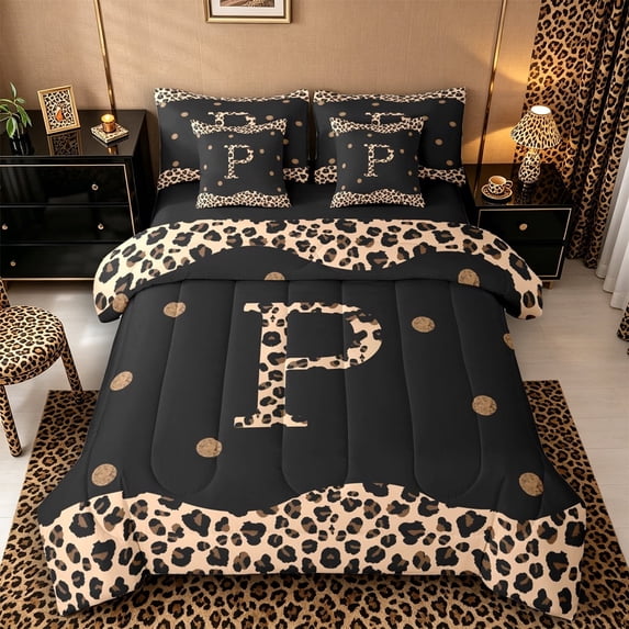 Meiyoeat Stylish Leopard Letter P Bedding Comforter Set 7-Piece for Women Adults, Modern Polka Dot King Bedding Sets, Black Beige Brown,Black Reversible
