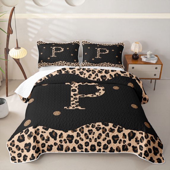 Meiyoeat Stylish Leopard Letter P Quilt King for Female Adults,Modern Polka Dot King Coverlet Set,Black Beige Brown