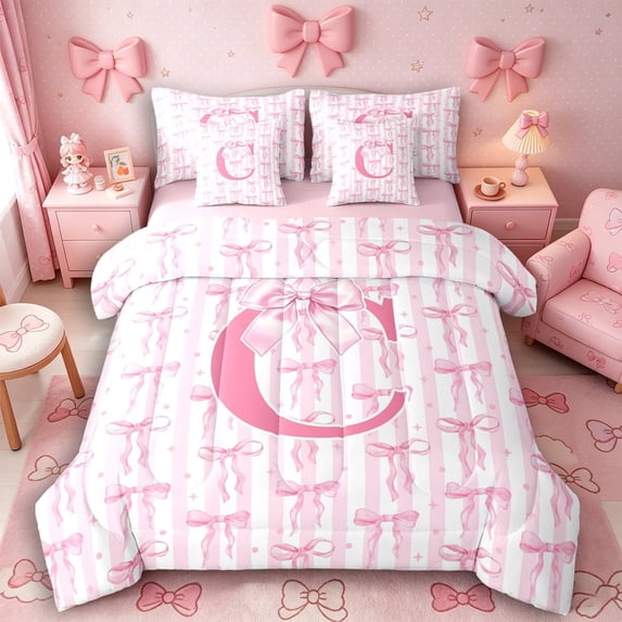 Meiyoeat Sweet Bow Letter C Twin Bedding Sets 7-Piece for Girls Toddlers, Lovely Stripe Bedding Comforter Set, Light Pink White,Pink Reversible