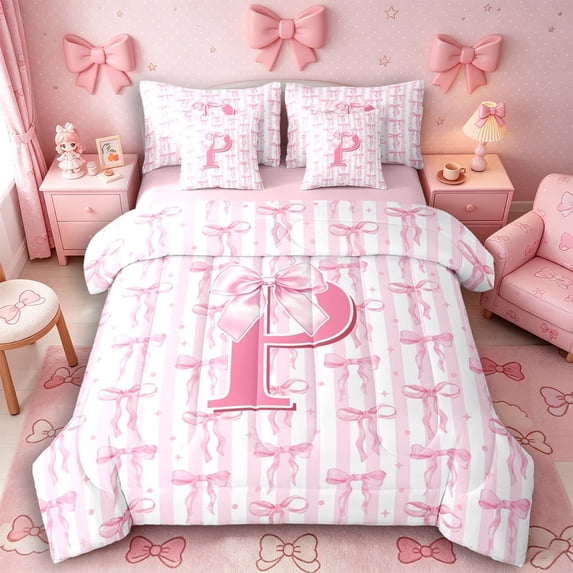 Meiyoeat Sweet Bow Letter P Bedding Comforter Set 7 Pieces for Girls Toddlers, Lovely Stripe Full Bedding Set, Light Pink White,Pink Reversible