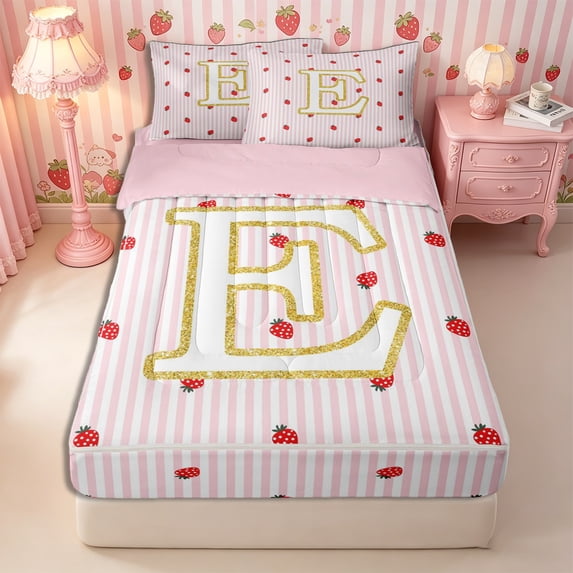 Meiyoeat Teens Gold Initial E Kawaii Strawberry Zipper Full Size Comforter Sets with Fitted Sheet and 2 Pillowcases, Geometric Stripes Print Zipper Bedding Set, Pink Red,4pcs,Pink Reversible