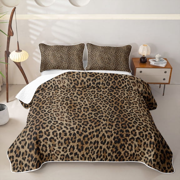 Meiyoeat Textured Leopard Print Quilt King,Retro Furry Animal Pattern King Coverlet Set,Brown Black