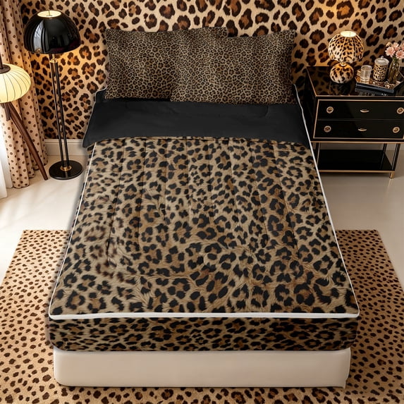 Meiyoeat Textured Leopard Print Zipper Full Size Comforter Sets with Fitted Sheet and 2 Pillowcases, Retro Furry Animal Pattern Zipper Bedding Set, Brown Black,4pcs,Black Reversible