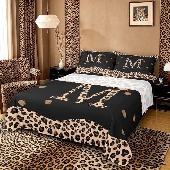 Meiyoeat Trendy Leopard Letter M Bed Sheets 4pcs for Women Teens, Chic Polka Dot King Sheets, Black Beige Brown