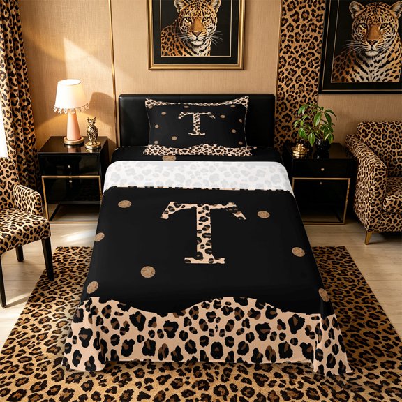 Meiyoeat Trendy Leopard Letter T Twin Sheets 3Pcs,Chic Polka Dot Bedding,Black Beige Brown,1 Flat Sheet,1 Fitted Sheet and 1 Pillowcase
