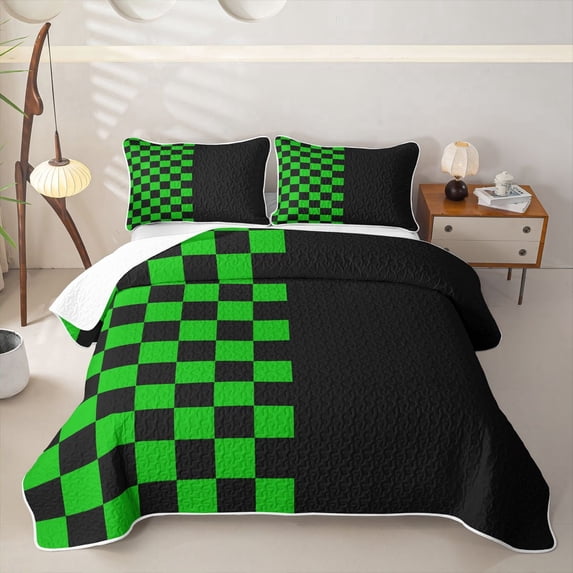 Meiyoeat Vibrant Checkerboard Pattern Bed Spread Queen,Retro Chess Print Queen Coverlet Set,Green Black