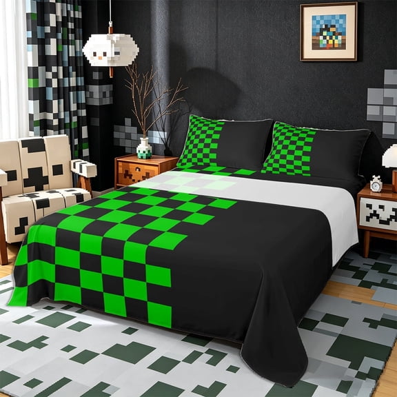 Meiyoeat Vibrant Checkerboard Pattern Queen Sheets 4 Pieces, Retro Chess Print Queen Sheet Sets for Dorm, Green Black