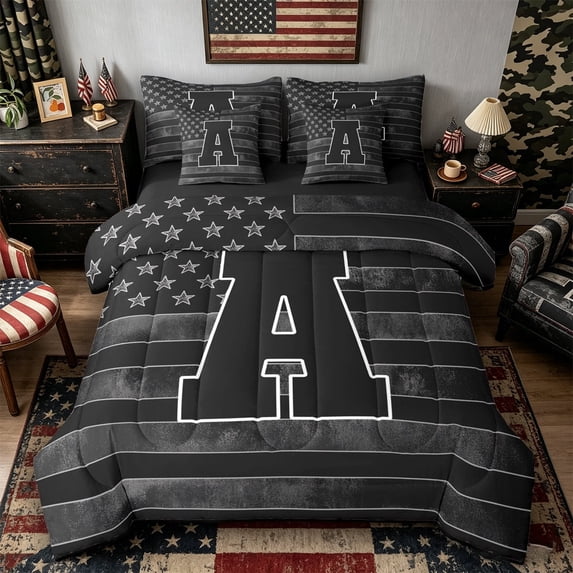 Meiyoeat Vintage American Flag Letter A Bedding Comforter Set 7pcs for Men Boys, Patriotic Monogram Queen Bedding Sets, Black Gray White,Black Reversible