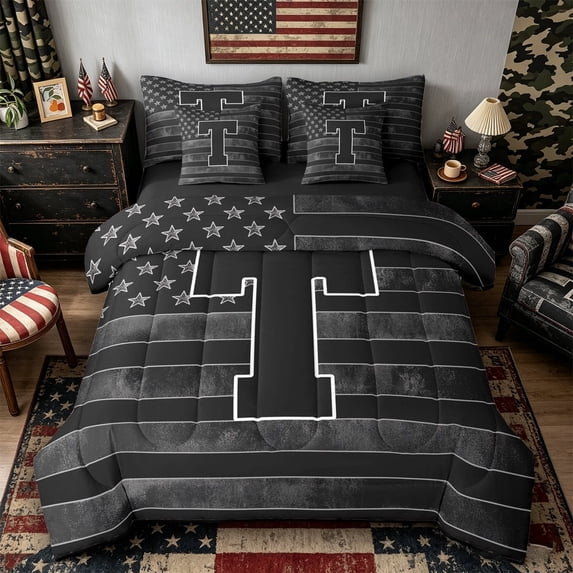 Meiyoeat Vintage American Flag Letter T Bedding Comforter Set 7-Piece for Men Kids, Bold Initial King Bedding Sets, Black Gray White,Black Reversible