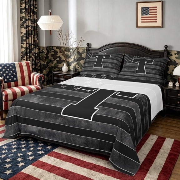 Meiyoeat Vintage American Flag Letter T Queen Sheet Sets 4 Pieces for Men Kids, Bold Initial Bed Set, Black Gray White