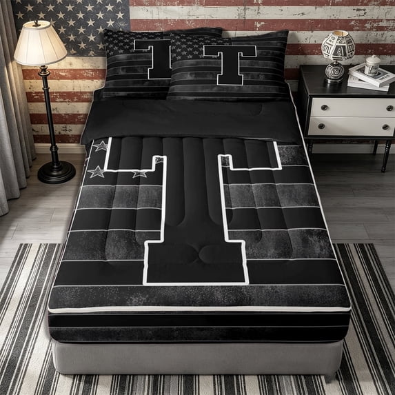 Meiyoeat Vintage American Flag Letter T Zipper Twin Comforter Sets with Fitted Sheet and 2 Pillowcases for Men Kids, Bold Initial Zipper Bedding Set, Black Gray White,4-Piece,Black Reversible