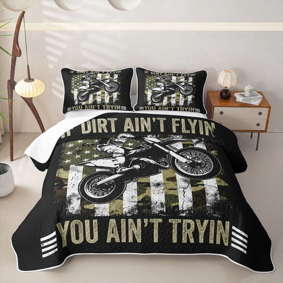Meiyoeat Vintage Dirt Bike Pattern Twin Quilt Set for Men,American Flag Print Twin Coverlet Set,Camo Black Beige