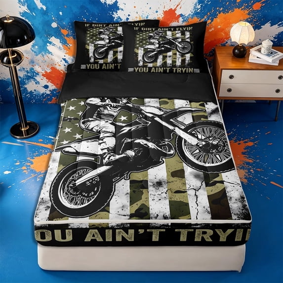 Meiyoeat Vintage Dirt Bike Pattern Zipper Twin Comforter Sets with Fitted Sheet and 2 Pillowcases for Men, American Flag Print Zipper Bedding Set, Camo Black Beige,4-Piece,Black Reversible