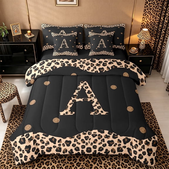 Meiyoeat Vintage Leopard Letter A Bedding Comforter Set 7pcs for Women Girls, Retro Polka Dot Queen Bedding Sets for Daily, Black Beige Brown,Black Reversible