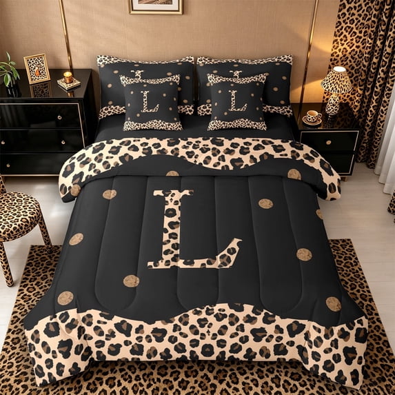 Meiyoeat Vintage Leopard Letter L Bedding Comforter Set 7-Piece for Women Girls, Retro Polka Dot King Bedding Sets for Daily, Black Beige Brown,Black Reversible