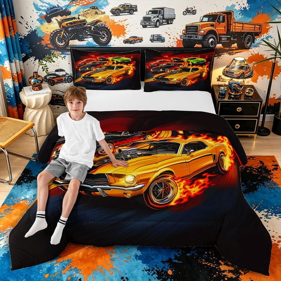 Meiyoeat Vintage Muscle Car Full Size Comforter Sets 3-Piece for Boys,Flame Track Art Bedding Comforter Set,Black Reversible,1 Comforter and 2 Pillowcases,1 Comforter and 2 Pillowcases