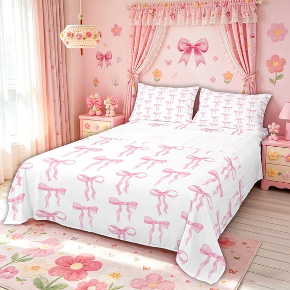 Meiyoeat Watercolor Bow King Sheets for Girls, Princess Bowknot Style Bedding, Pink White, 4-Piece