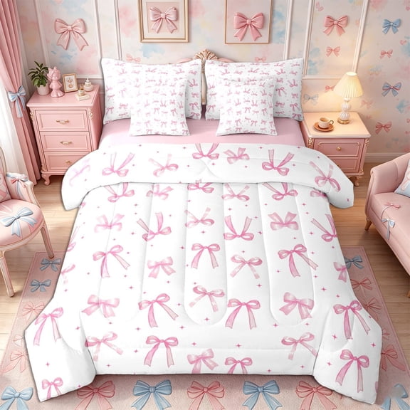 Meiyoeat Watercolor Bow Print Full Size Bedding Sets 7 Pieces, Cute Star Pattern Full Size Bed in a Bag,Pink Reversible