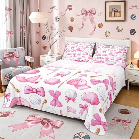 Meiyoeat Watercolor Golf Pattern Bed Sheets 4-Piece, Kawaii Ribbon Bow Full Size Sheets