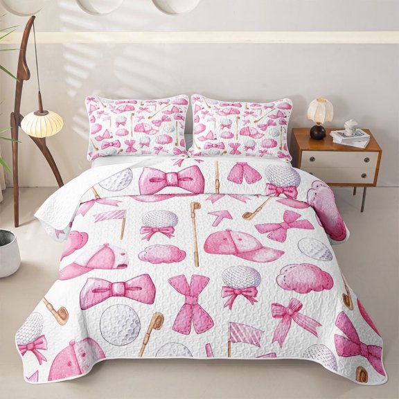 Meiyoeat Watercolor Golf Pattern Quilt Full,Kawaii Ribbon Bow Full Bedspread Sets