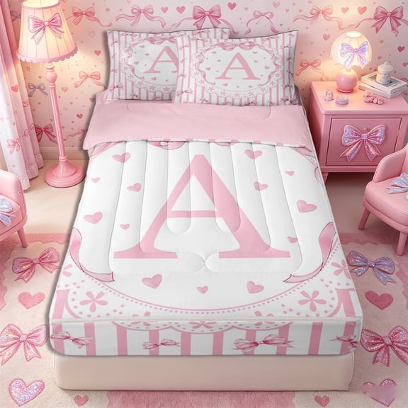 Meiyoeat Watercolor Letter A Print Zipper Twin Comforter Sets with Fitted Sheet and 2 Pillowcases, Cute Stripes Bow Pattern Zipper Bedding Set, Pink White,4-Piece,Pink Reversible