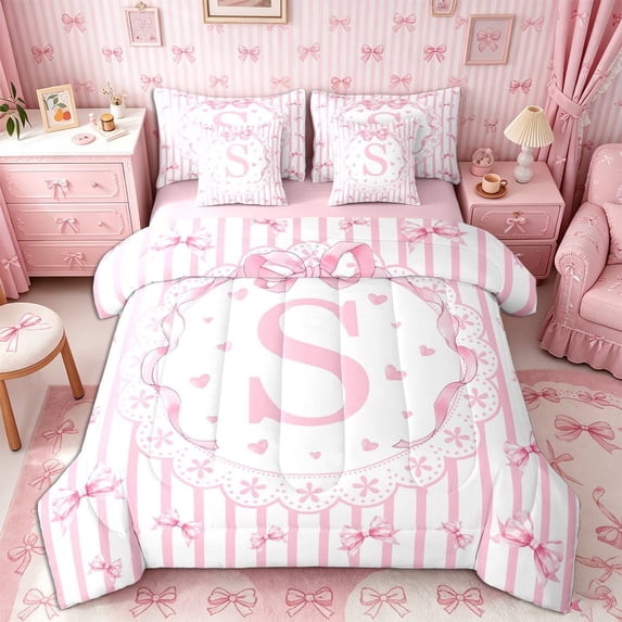Meiyoeat Watercolor Letter S Print Full Size Bedding Sets 7 Pieces, Cute Stripes Bow Pattern Full Size Bed in a Bag, Pink White,Pink Reversible