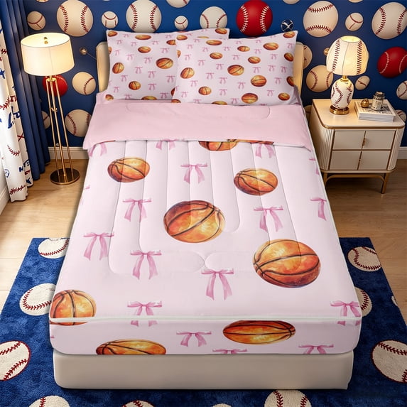 Meiyoeat Watercolor Orange Basketball Zipper Full Size Comforter Sets with Fitted Sheet and 2 Pillowcases for Teens, Pink Ribbon Print Zipper Bedding Set,4pcs,Pink Reversible