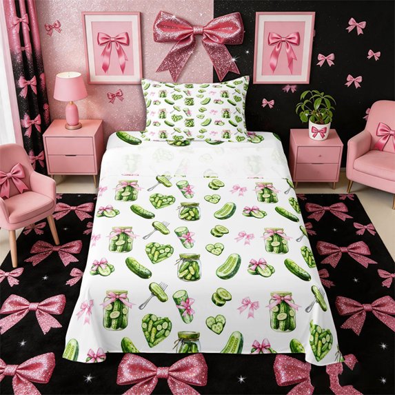 Meiyoeat Watercolor Pickle Twin Sheets 3pcs for Food Lovers, Bow Print Bedding, Green Pink White