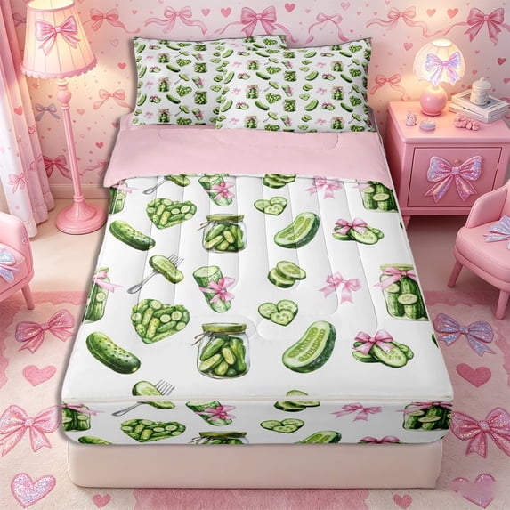Meiyoeat Watercolor Pickle Zipper Twin Comforter Sets with Fitted Sheet and 2 Pillowcases for Food Lovers, Bow Print Zipper Bedding Set, Green Pink White,4-Piece,Pink Reversible